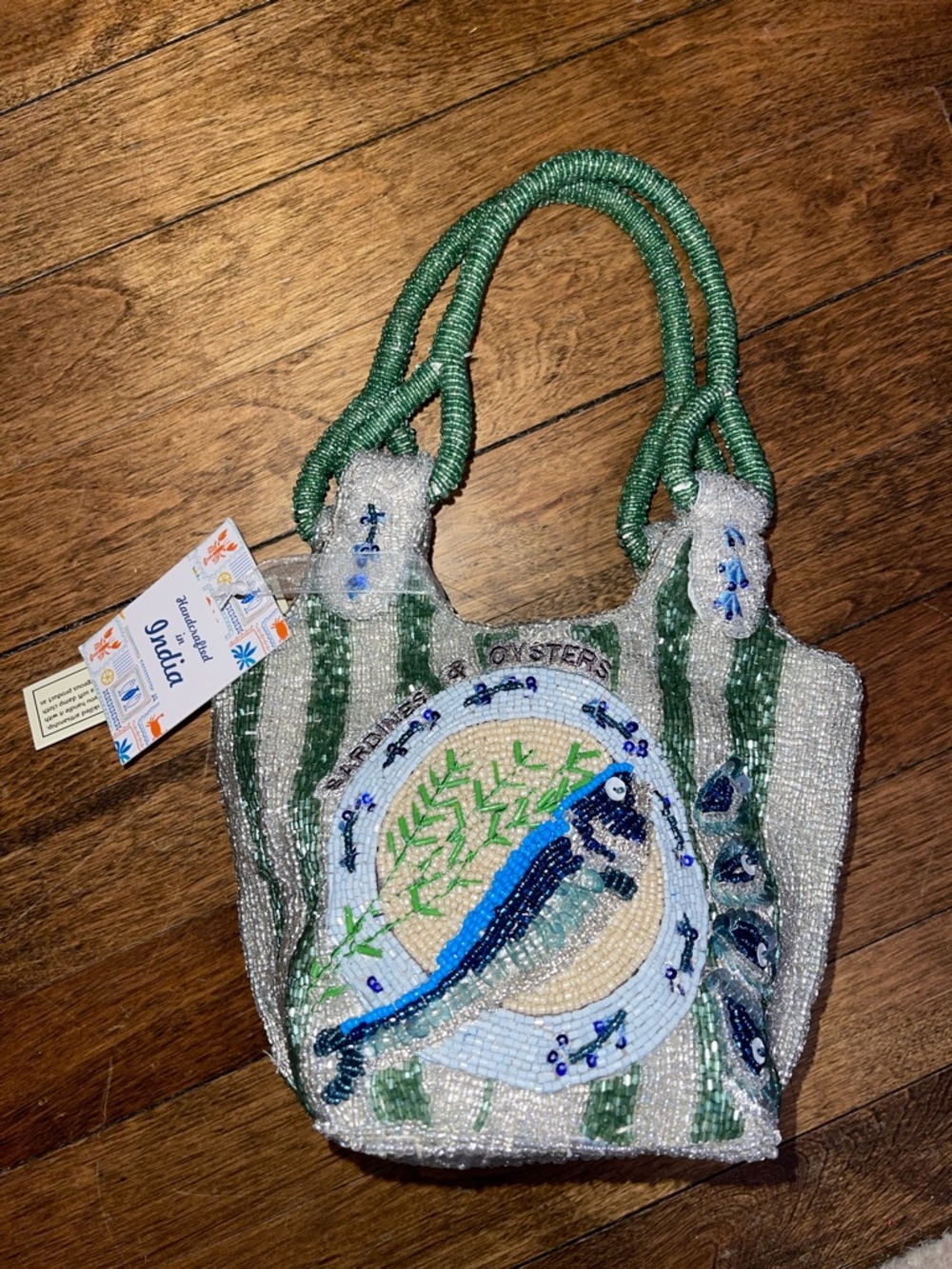 NEW Hand-Beaded Green sardine and oysters Fish Motif Tote Bag